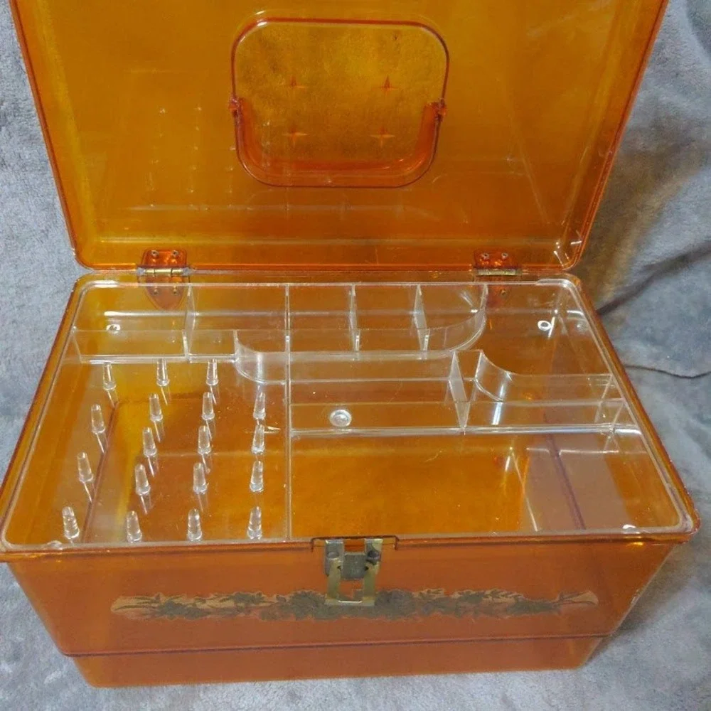 Vtg Wil-Hold Amber Orange Translucent Plastic Sewing Box MCM Case Gold Floral